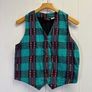 Vintage Sunbelt Womens 90s Boho Plaid Heart Embroidered Vest Size L Hippie Love